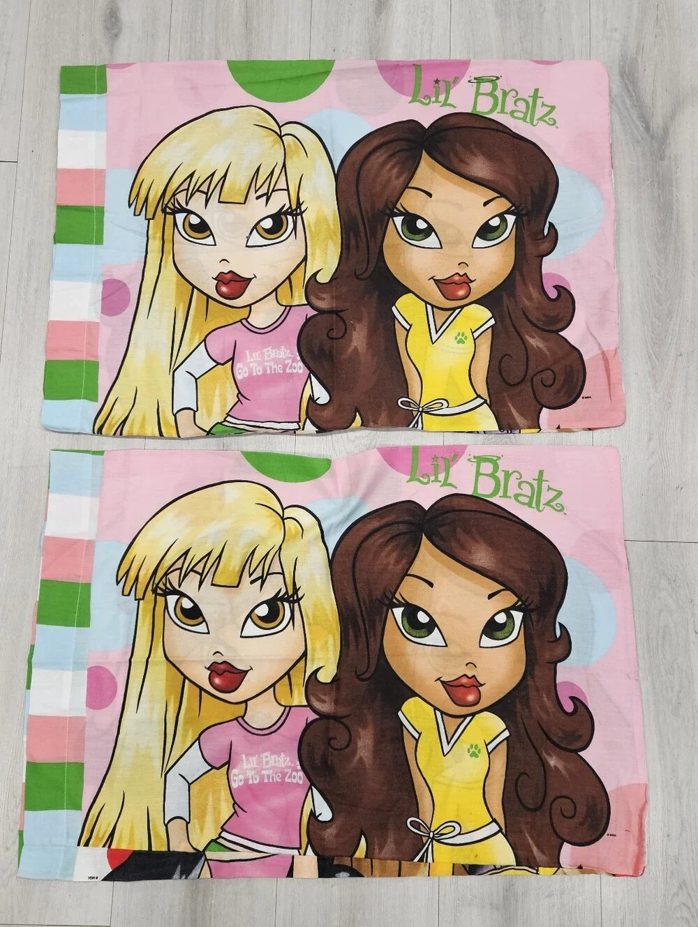 VTG Lil Bratz FULL Sheet Set & Pillowcases Pink Large Polka Dots Stripes Y2K